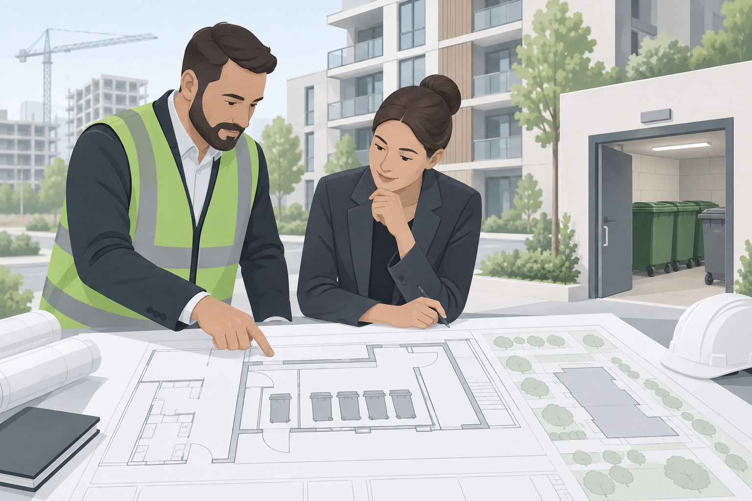 Two Professionals Review Architectural Blueprints at a Construction Site One Points to a Plan While the Other Observes Thoughtfully with Buildings and Trees in the Background