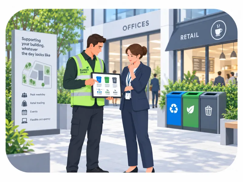 Two Professionals Review Sustainability Data on a Tablet Outside a Shopping Center with Recycling Bins and Storefronts in the Background