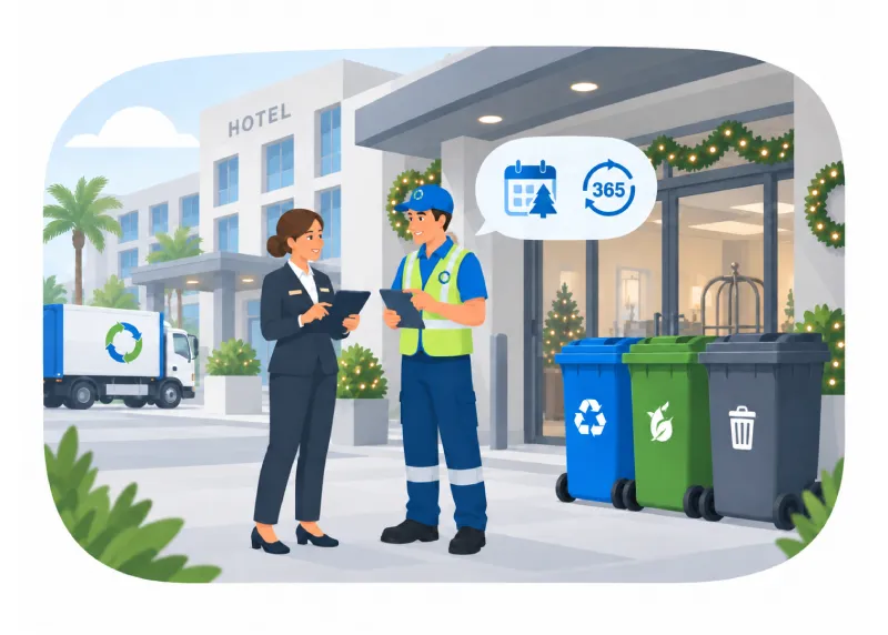 Hotel Entrance with a Manager and Maintenance Worker Discussing Recycling Near Blue Green and Gray Bins Outside with a Recycling Truck in the Background