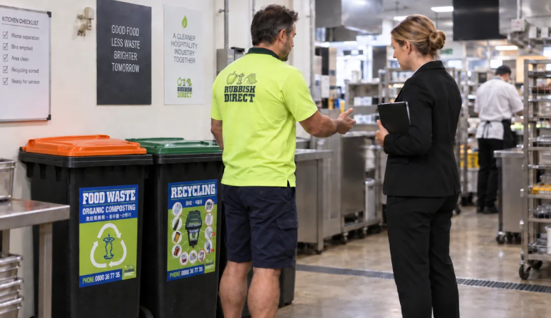 Two People Discuss Waste Sorting Near Labeled Food Waste and Recycling Bins in a Busy Kitchen Area