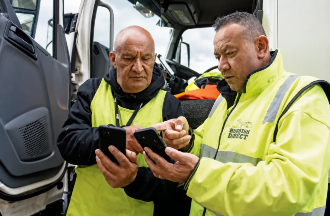 Two Waste Collection Workers in High Visibility Jackets Look at Smartphones Beside a Service Truck