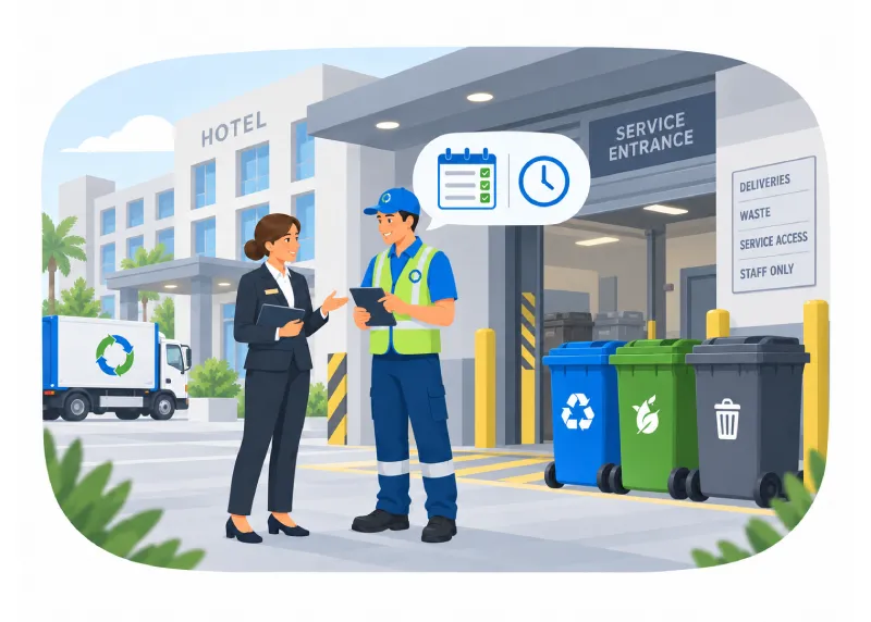 Hotel Service Entrance with a Manager and Worker Discussing Near Recycling Bins Outside the Hotel