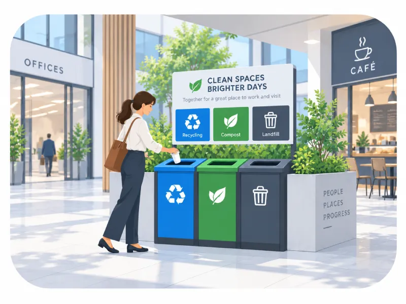 Woman in a White Blouse and Dark Pants Disposes Waste into a Set of Recycling Compost and Trash Bins in a Modern Office Lobby with a Sign Overhead That Says aposclean Spaces Brighter Daysapos