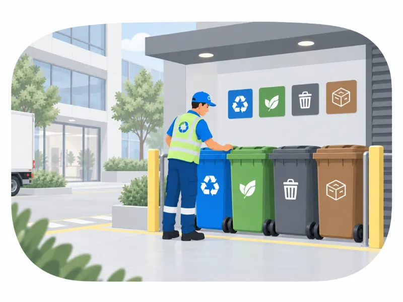 a Worker in a High visibility Vest Sorts Items into Colorful Recycling Bins Outside a Building Under a Wall with Recycling Icons leaf Trash