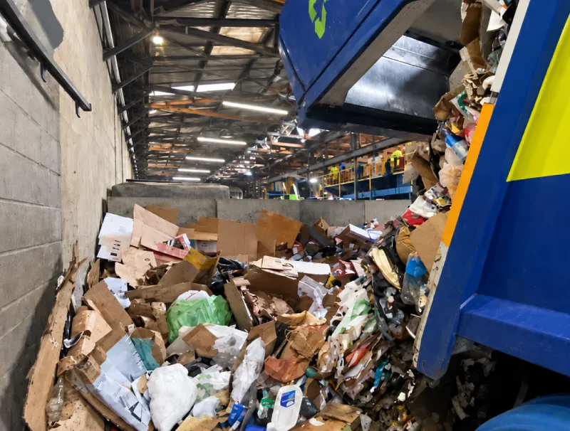 Inside a Waste Processing Facility Showing a Large Pile of Cardboard and Mixed Trash Being Dumped from a Blue Dumpster with Overhead Machinery