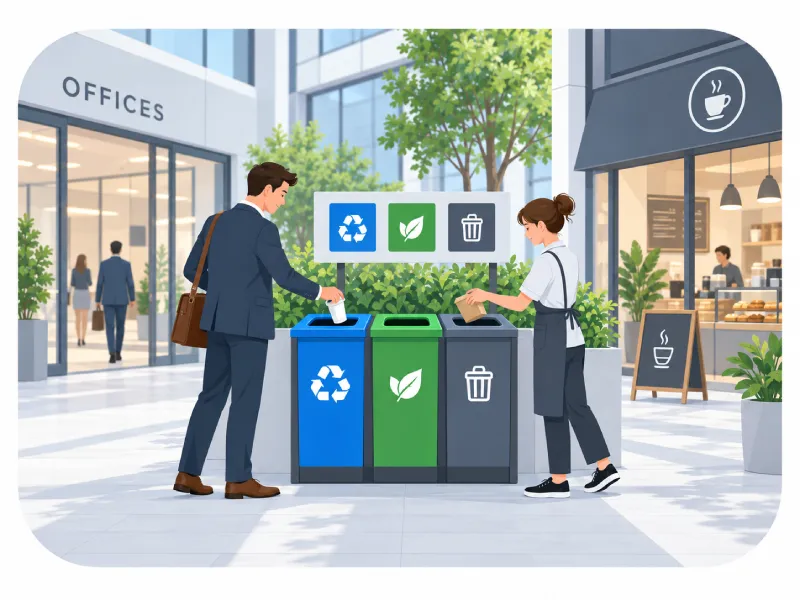 Man and Woman Use Color coded Recycling Bins blue Recycling Green Compost Gray Trash in a Shopping Center Courtyard