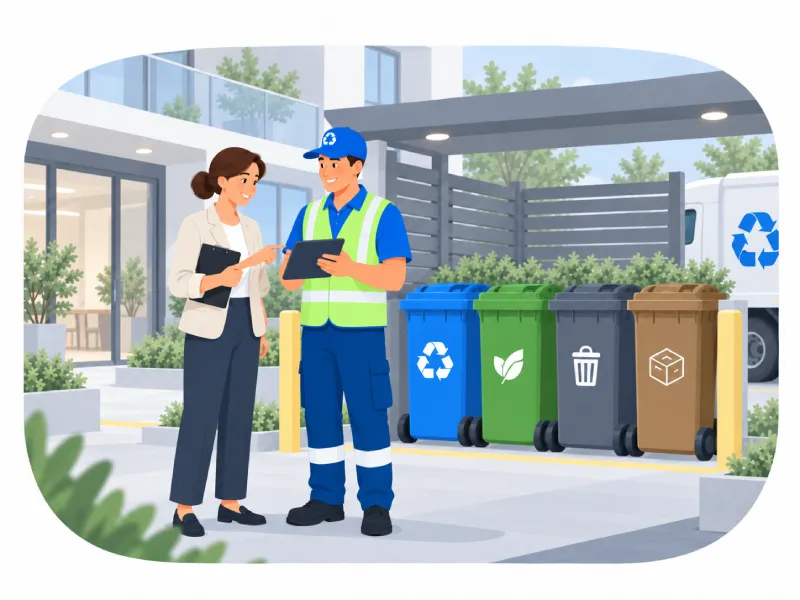 a Recycling Worker in a Blue Uniform and Vest Talks to a Woman with a Clipboard Beside Color coded Bins blue Green Gray Brown Outside a Modern Building Behind Them is a Recycling Truck with a Logo