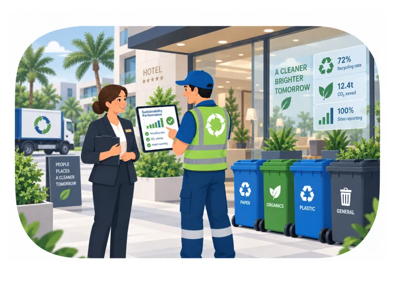 Sustainability Worker in a Highvisibility Vest Explains a Chart to a Woman Beside Recycling Bins Outside a Hotel Building