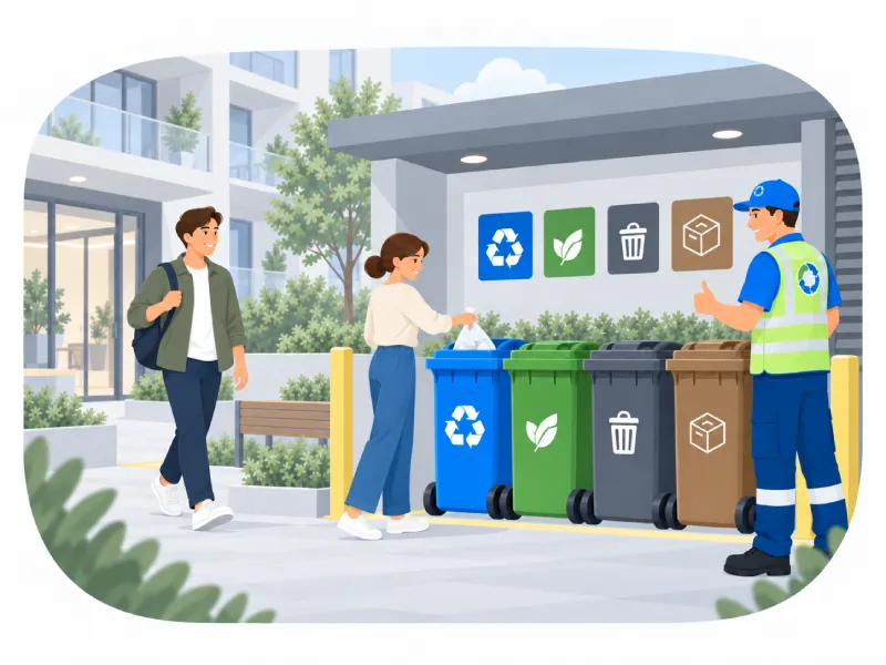 People Sorting Trash into Color coded Recycling Bins at a Campus or Apartment Complex a Worker Explains Waste Sorting As a Resident Places Items in Blue Bin