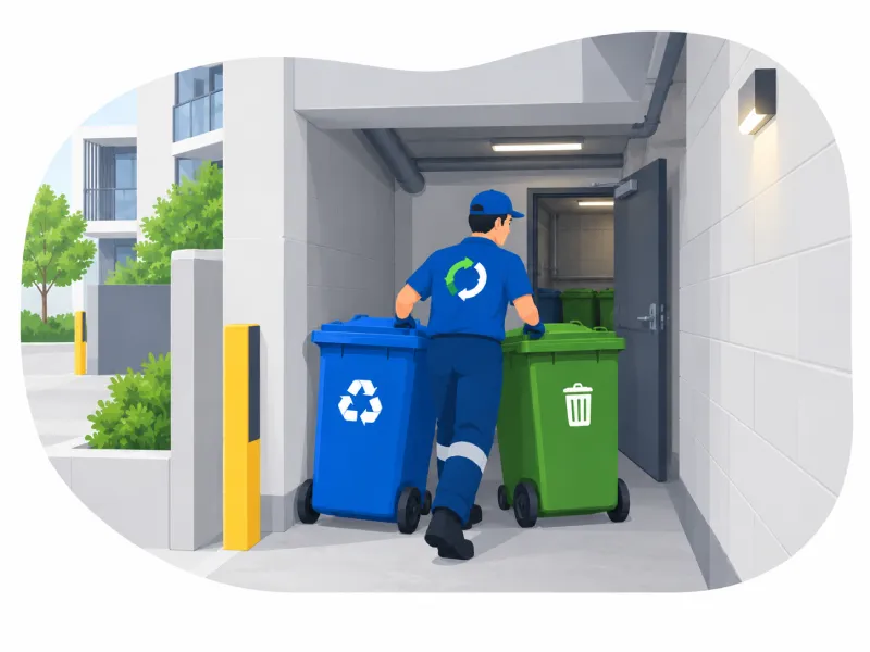 Worker in Blue Uniform Pushes Blue Recycling Bin and Green Trash Bin Toward a Doorway in a Building Entrance