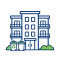 Stylized blue illustration of a three-story apartment building with two bins and green shrubs in front.
