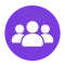 Group/user icon: three silhouettes on a purple circle, representing a team or community