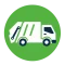 Garbage truck illustration on a green circular background, symbolizing waste collection service