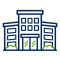 Icon of a blue multi-story building with two wings and green bushes in front, resembling an office or civic building