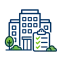 Illustration of a blue building complex with a clipboard showing green checkmarks, symbolizing facility inspection or building management.