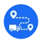 Blue circular icon showing a delivery truck with a dashed route between two location pins.