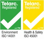 Two Telarc Registered badges: ISO 14001 Environment (green) and ISO 45001 Health & Safety (yellow). Informs certification status for environment and safety.